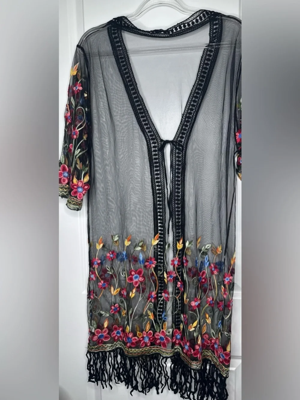 Asha Sheer floral Embroidered Kimono swim western fringe cover with tie accent - Picture 7 of 7